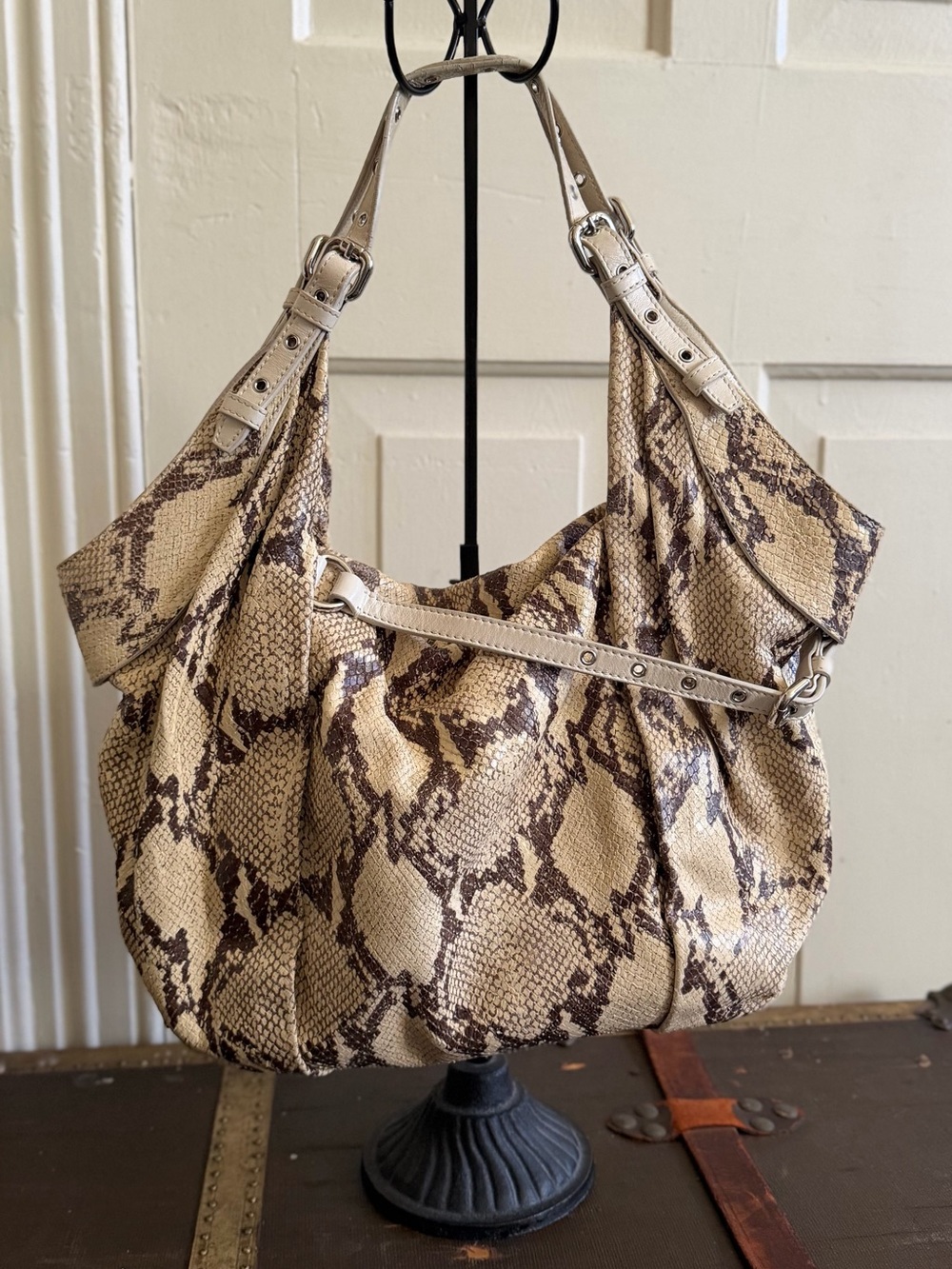 KOOBA Snake-Print Hobo Shoulder Bag in Beige and Brown